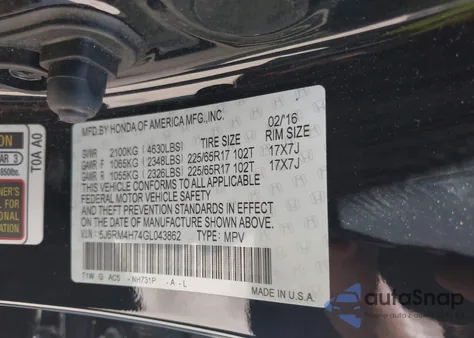 2016 Honda Cr-V Ex-L z USA, uszkodzony, nr VIN 5J6RM4H74GL043862